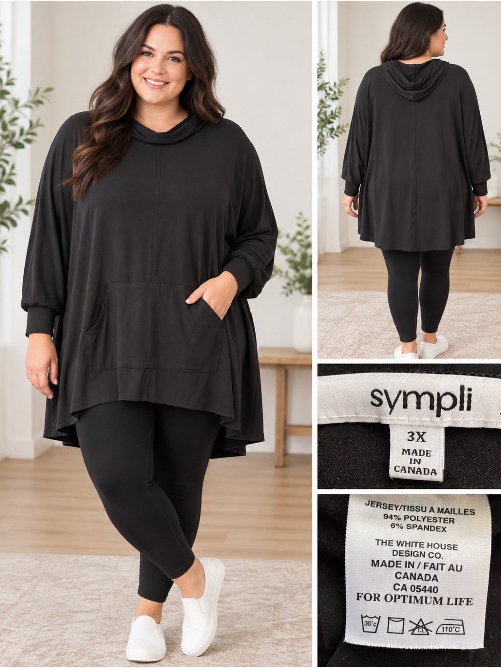Sympli Black Hooded Tunic Sweater Top Size 3X Minimalist Stretch Lagenlook